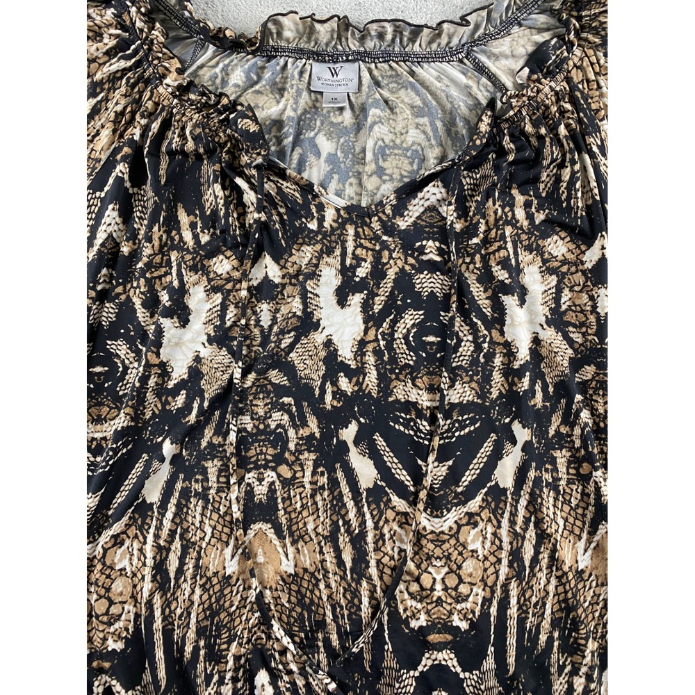 Worthington Woman Stretch Snakeskin Print Ruffle Tie Neck Blouse Plus 1X Brown - Picture 4 of 13